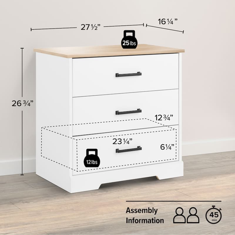 Prepac Rustic Ridge Farmhouse Nightstand Bedside Table, Nightstand for Bedroom, End Table with 3 Drawers