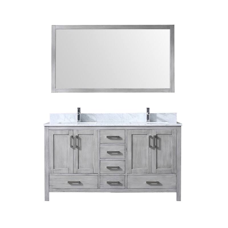 Jacques 60 in. W x 22 in. D Dark Grey Double Bath Vanity, Carrara Marble Top, Faucet Set, and 58 in. Mirror - Distressed Grey