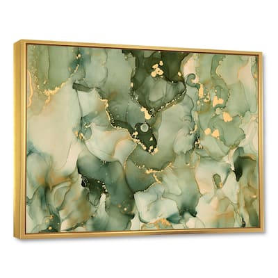 Designart "Green Luxury Abstract Fluid Art I" Modern Framed Canvas Wall Art Print