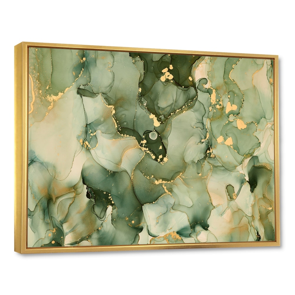 Designart "Green Luxury Abstract Fluid Art I" Modern Framed Canvas Wall Art Print