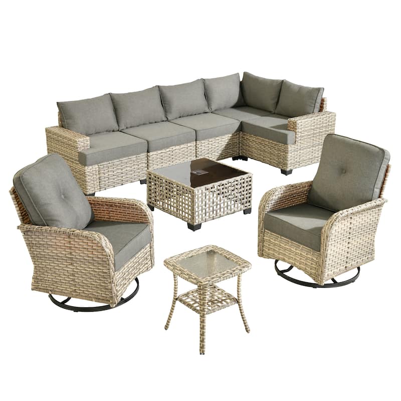 HOOOWOOO 9-piece Wicker Patio Furniture Set Sectional Sofa with Swivel Chair.