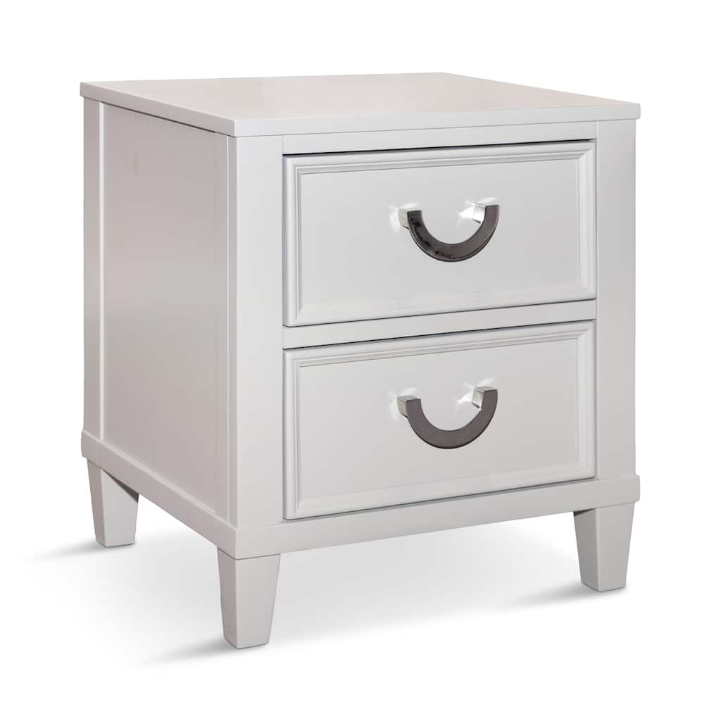 Kiki Nightstand with 2 Drawers, Chrome Metal, White Wood