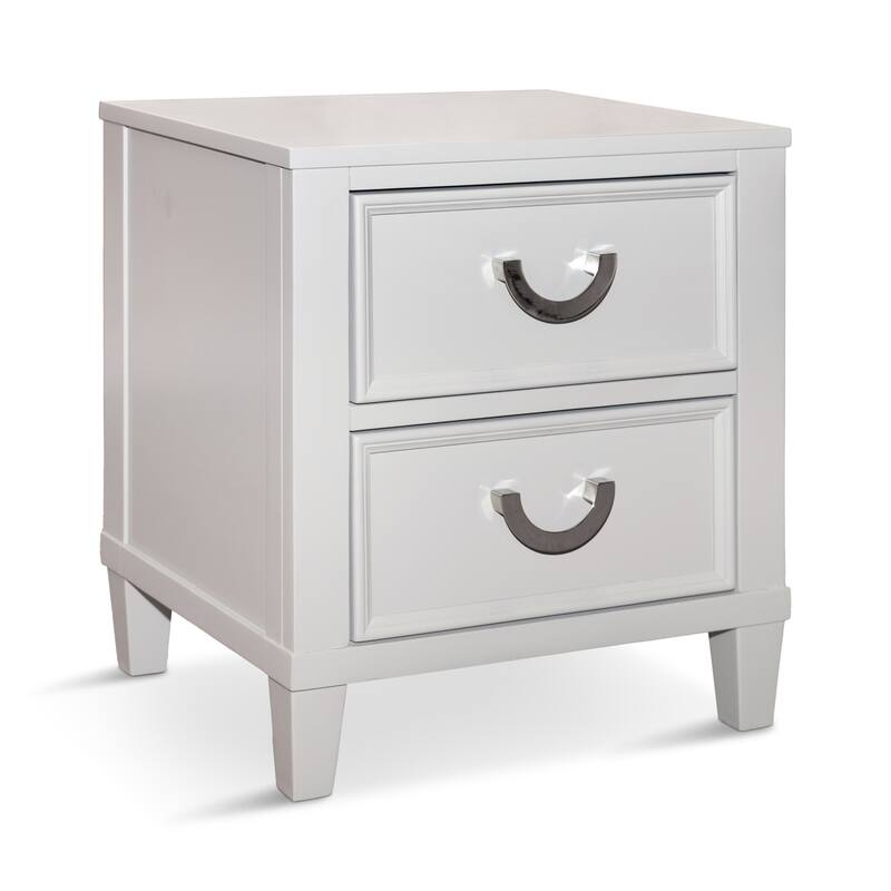 Kiki Nightstand with 2 Drawers, Chrome Metal, White Wood