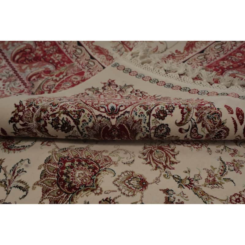 Machine Made Oriental 90% Silk - 10% Polyester Carpet Traditional All-Over Beige & Ivories Qum Area Rug - 9' 10'' X 6' 6''