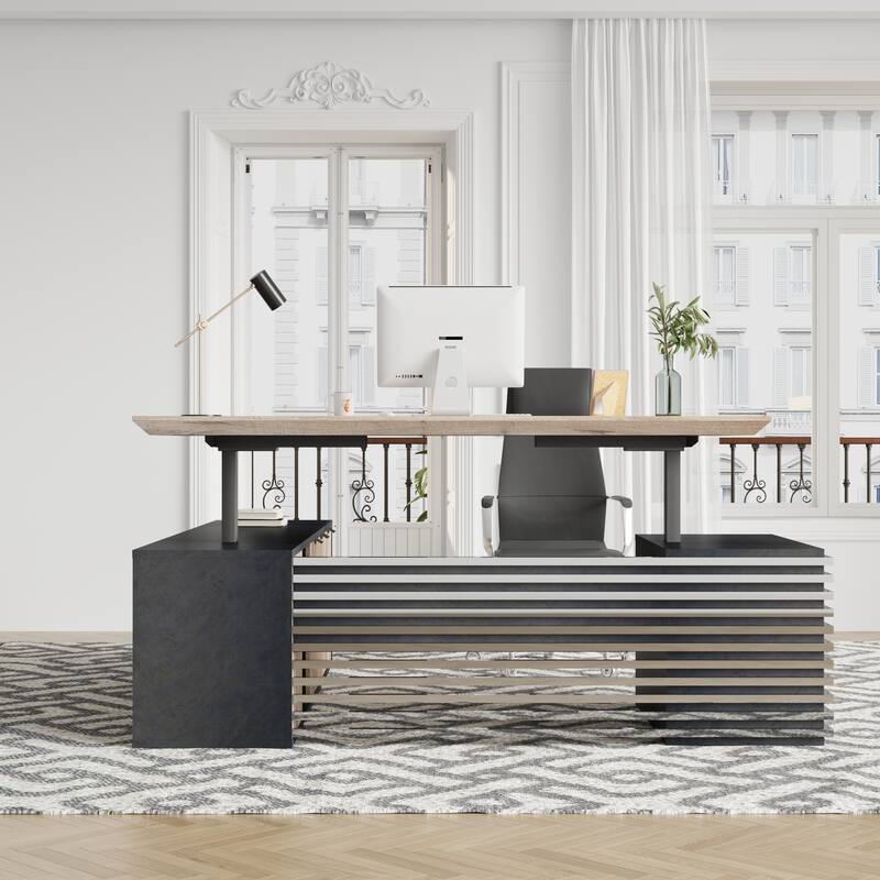 L-Shaped Executive Desk Adjustable Height with Universal Charging Ports Drawers and Cable Management