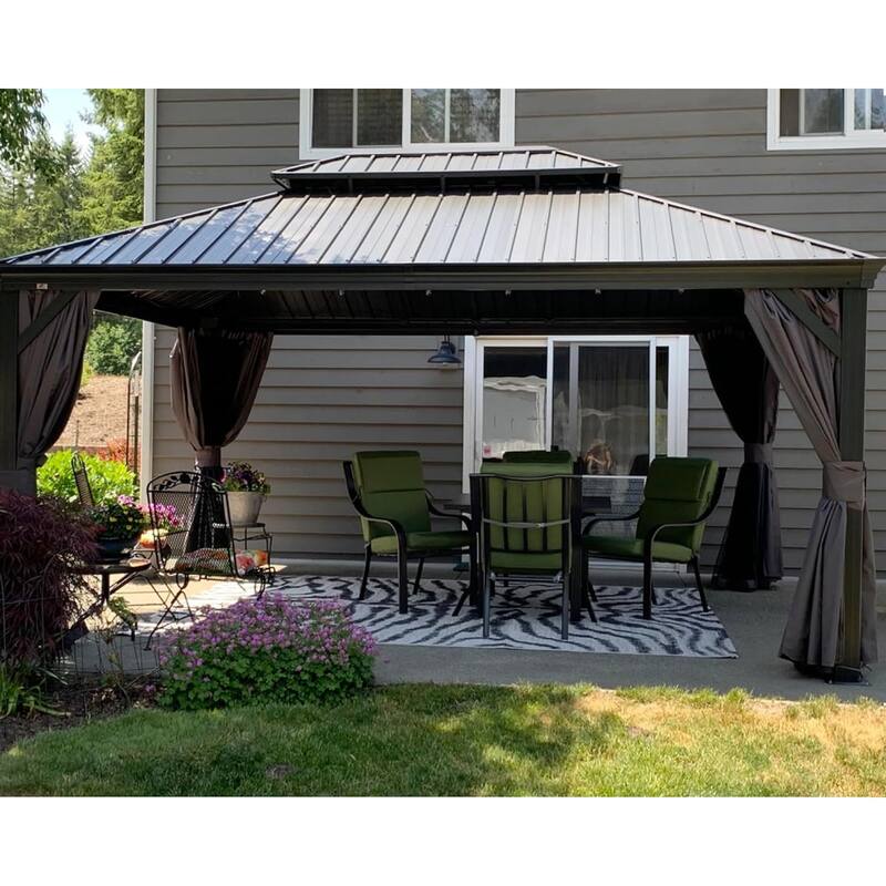 PURPLE LEAF Outdoor Galvanized Steel Hardtop Gazebo, Aluminum Frame Gazebo With Curtains