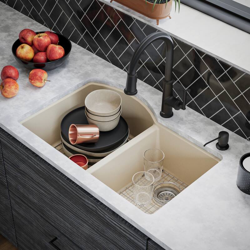 Karran Undermount Quartz 32 in. 60/40 Double Bowl Kitchen Sink Kit