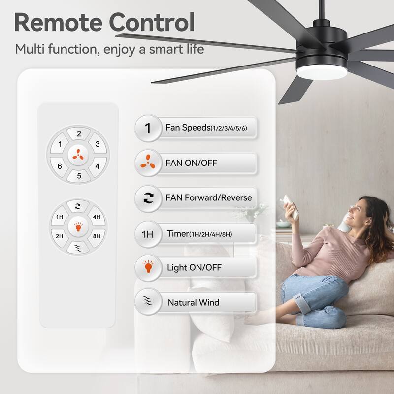 72-inch 7-Blade Matte Black Ceiling Fan with Light and Remote
