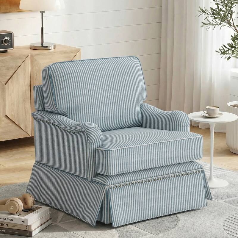Modern Chenille Swivel Armchair Storage Ottoman - Single Chair - Pinstripe Blue