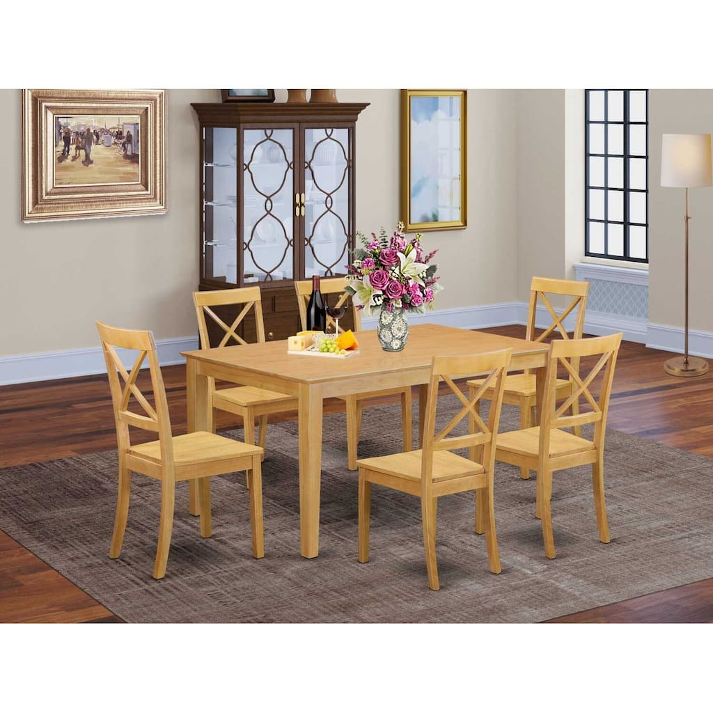HomeStock 7-Piece Natural Oak Finish Solid Wood Top Dining Table with 6 Chairs with Lattice Back