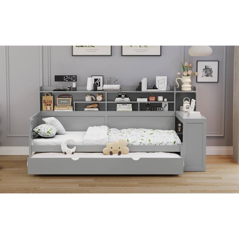 Wooden Twin Size Daybed with Storage Shelves, Multi-functional Bed with Twin Size Trundle Bed and Study Desk, Gray