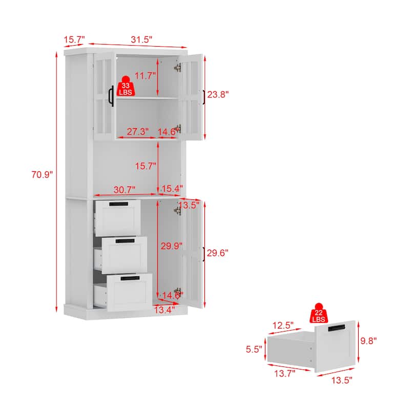Modern Bathroom Cabinet Freestanding Storage Cabinet with Glass Doors & 3 Drawers