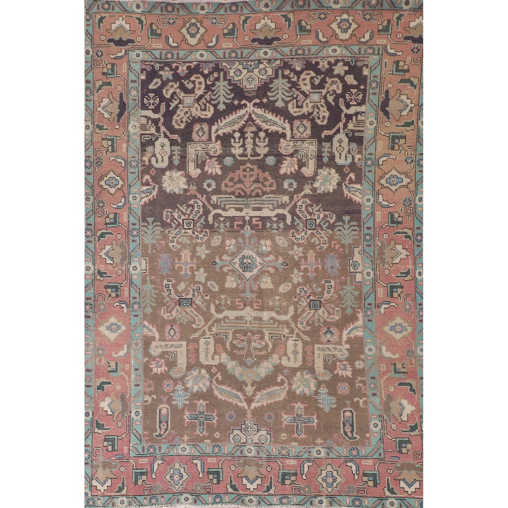 Tribal Brown Tabriz Persian Vintage Area Rug Handmade Wool Carpet - 6'2" x 9'3"