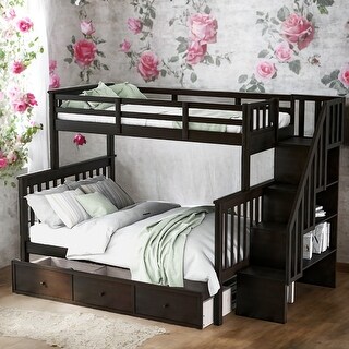Modern Twin over Full Bunk Bed With Drawer,Storage And Guard Rail,Solid Construction for Kids