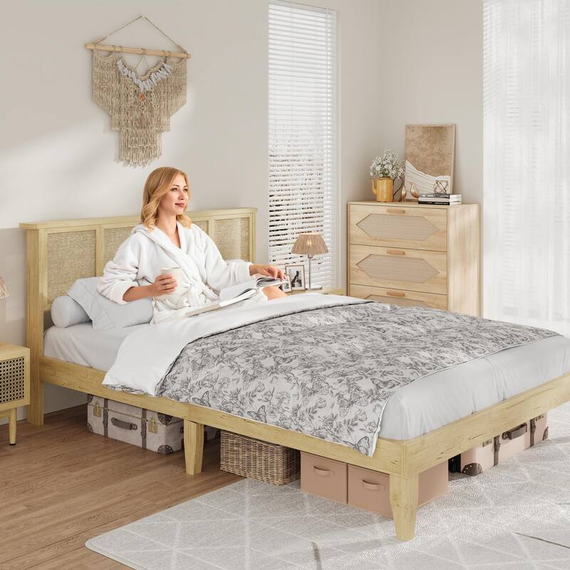 Boho Rattan Headboard Bed Frame with Under-Bed Storage, Sturdy Steel Base & Wooden Slats, No Box Spring Needed