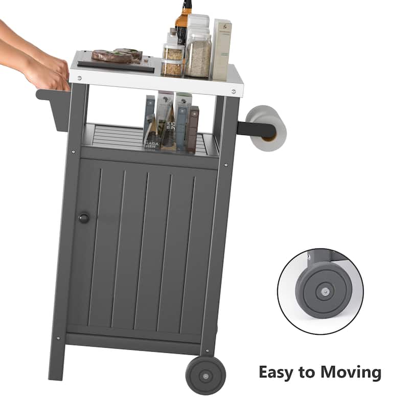 Barbecue/Grill Side Table Trolley, Outdoor Prep Dining Table Serving Cart with 304 Stainless Steel Top-HDPE