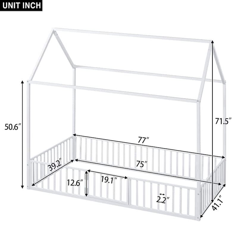 White Twin Size Metal House Bed with Fence, Roof, and Door for Kids