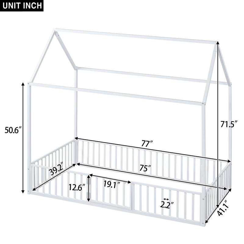 White Twin Size Metal House Bed with Fence and Play Door for Kids