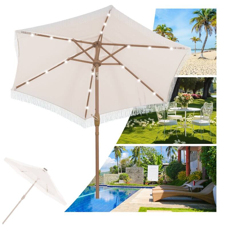 Autlaycil 7.5 ft Patio Umbrella with Tassel, 18 LED Lights Solar Umbrella