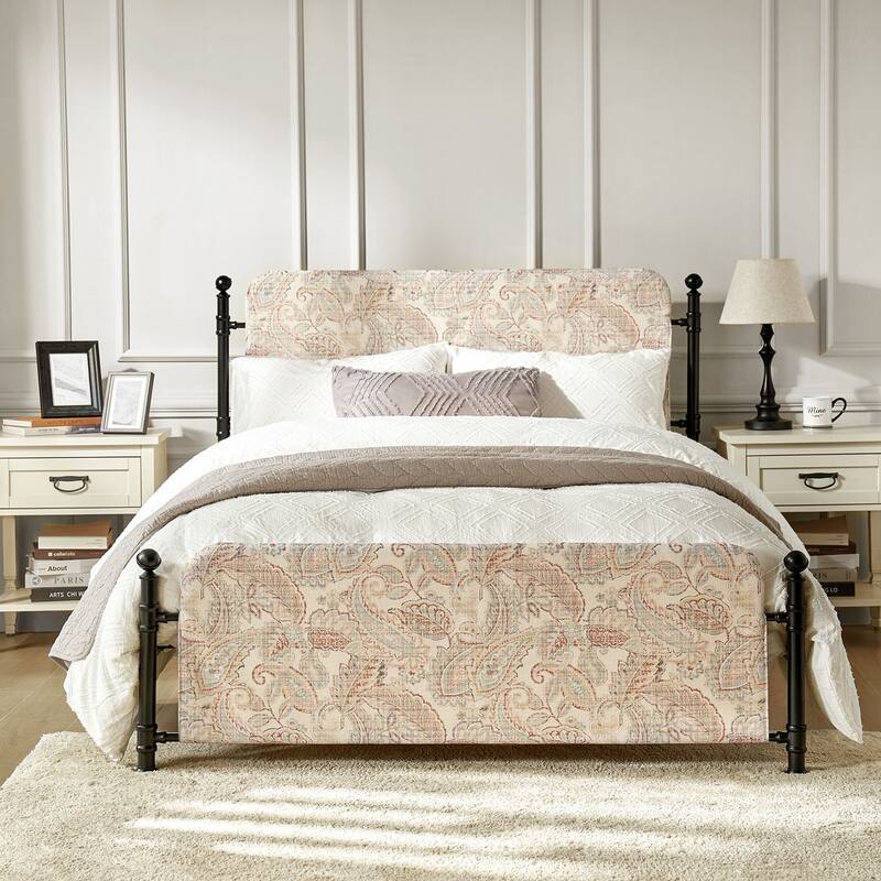 Diana Transitional 62" Floral Upholstered Platform Metal Bed Frame with Washable Slipcover by HULALA HOME - Ivory