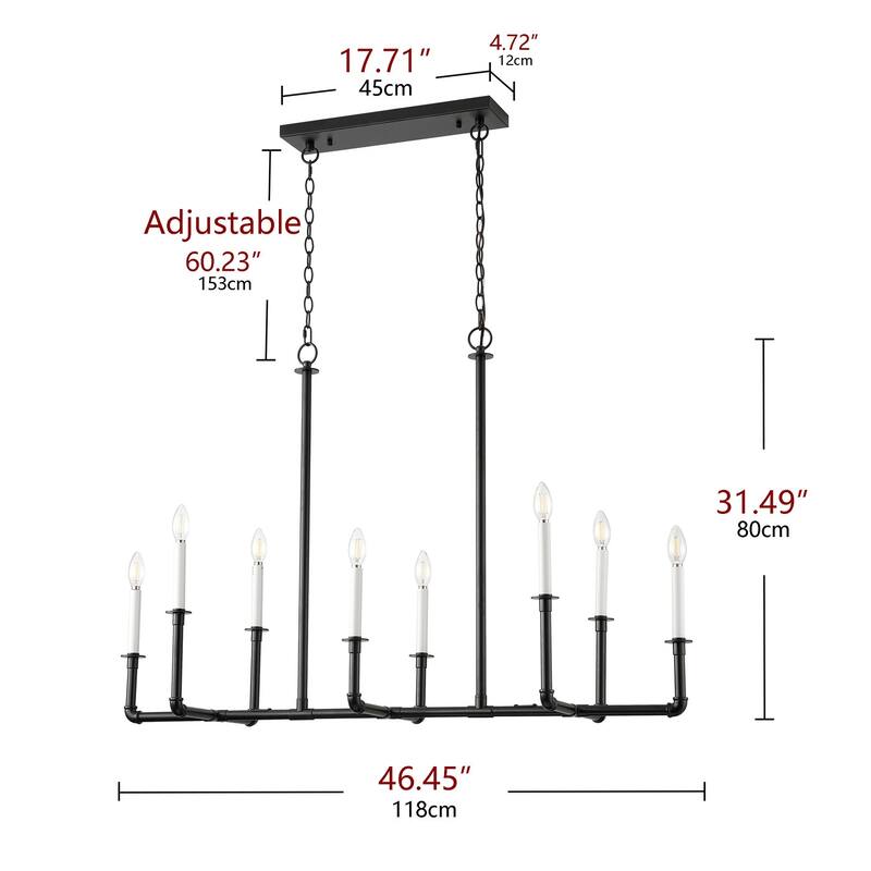 Farmhouse Matte Black 8-Light Linear Frame Candle Chandelier for Kitchen Island