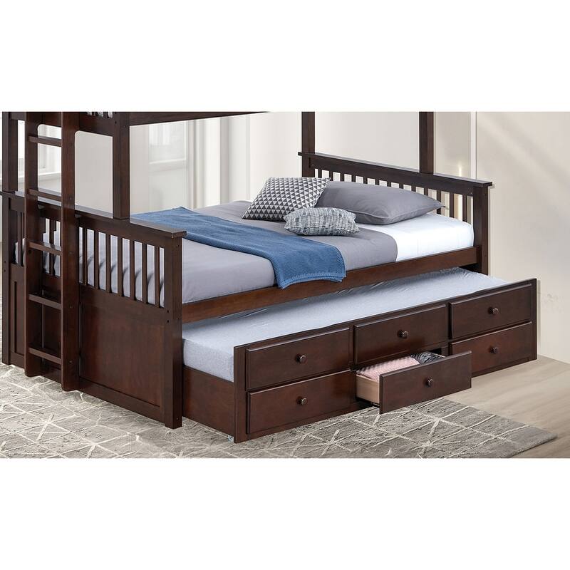 Twin Over Full Bunk Bed with Ladder & Underbed Drawers, Dark Walnut