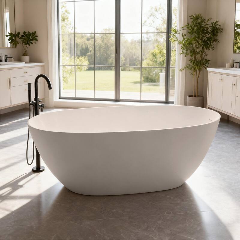 Luxury Solid Surface Freestanding Soaking Bathtub with Center Drain and Pop-up Drain, Modern Beige Tub with Overflow - 65.00 in. x 31.50 in. x 21.30 - Beige