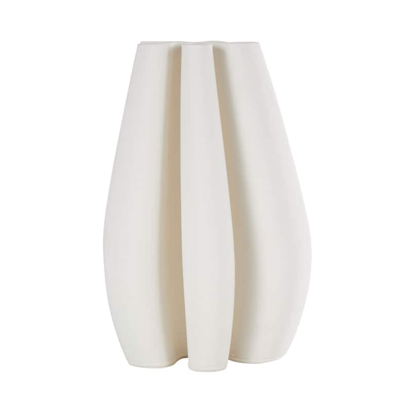 White Ceramic Ribbed Dimensional Concaved Abstract Vase with Floral Shaped Rim