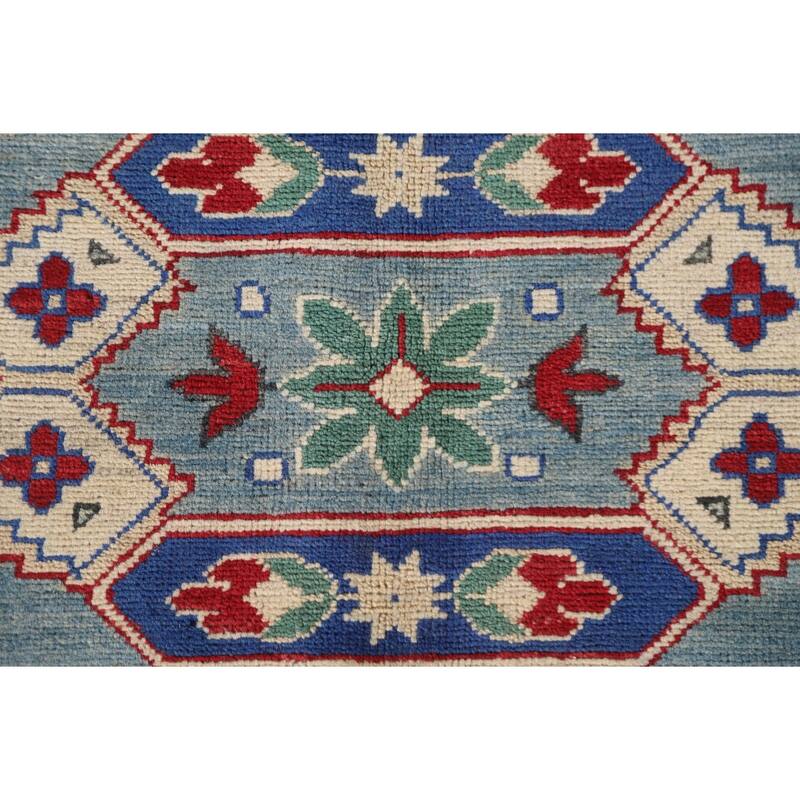 Hand Knotted Oriental 100% Wool Carpet Traditional Geometric Navy Blue & Blues Kazak Area Rug - 9' 7'' X 6' 10''