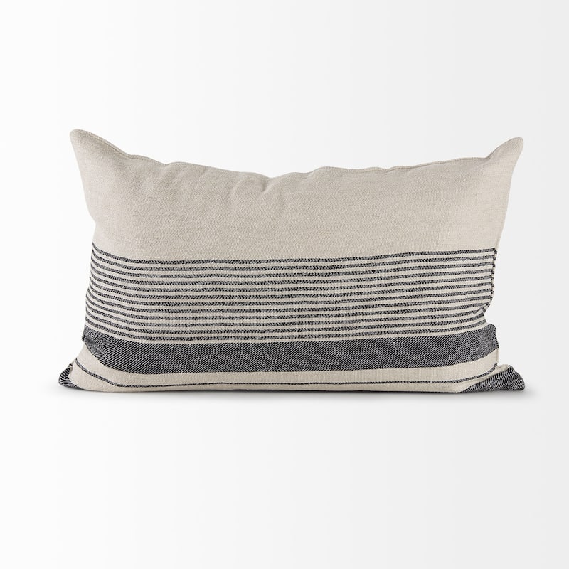 Thalia 13L x 21W Dark Gray and Cream Fabric Striped and Fringed Decorative Pillow Cover