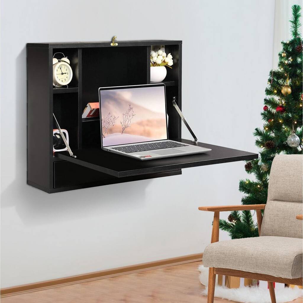 Folding Laptop Desk Wall-Mount Writing Desk with Storage Shelves and Drawer