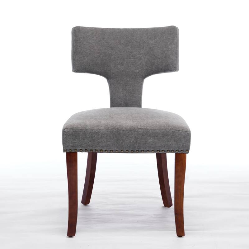 Modern Dining Chairs Set of 2, Linen Fabric Upholstered Accent Chair Curved Backrest with Copper Nails Around