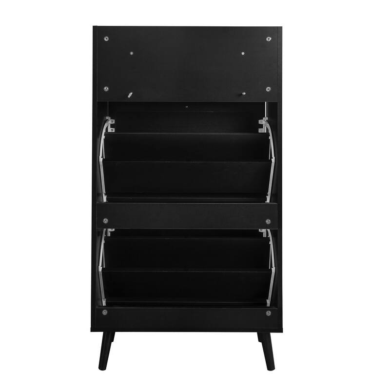 Entryway Shoe Storage Cabinet, Freestanding Rattan Shoe Rack, Shoe Organizer with 2 Flip Drawers & 1 Pull-Out drawer