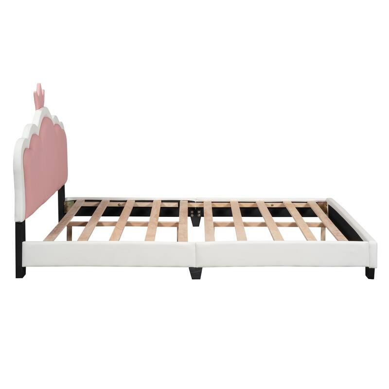 Twin Upholstered Platform Bed with Crown-Shaped Headboard, Pink & White Princess Design, Sturdy PU Leather Frame