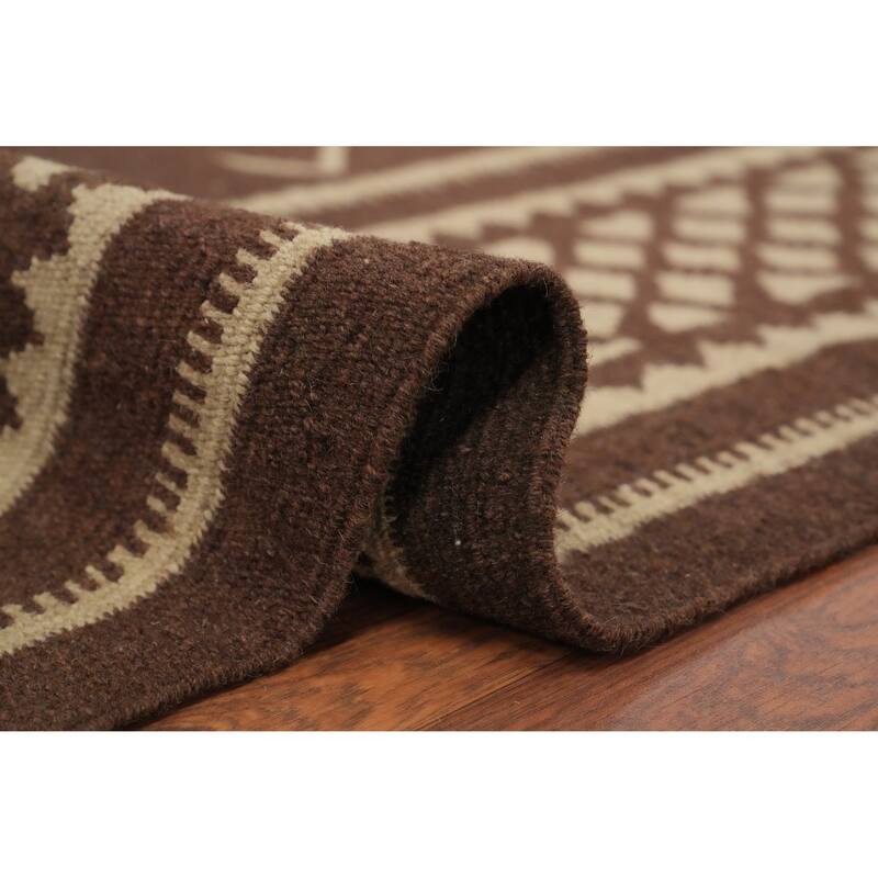 Hand Woven Oriental 100% Wool Carpet Southwestern Tribal Brown Kilim Area Rug - 9' 6'' X 8' 2''