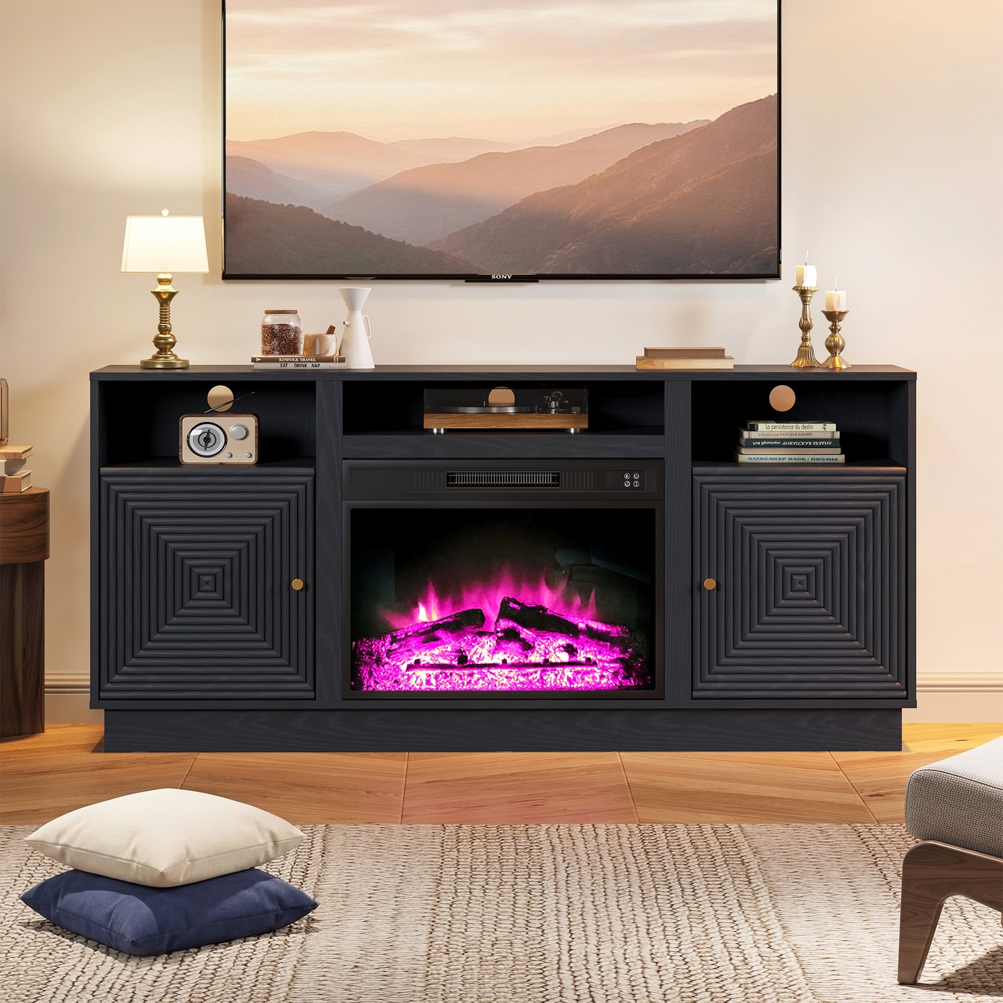 59'' Fireplace TV Stand for TVs Up to 65'' with Storage and Adjustable Shelves