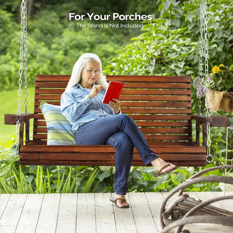 Upgraded 2-Person Wood Porch Swing with Cup Holders and Chains - N/A