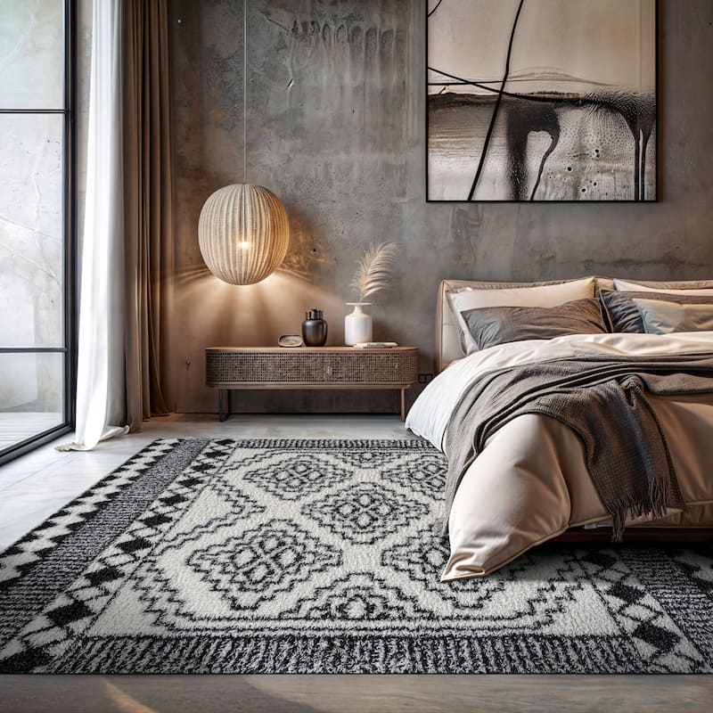 Geometric Shag Rug - Anthracite Dark Gray - Durable Rug for Living Room, Bedroom, or Entryway - Easy to Maintain