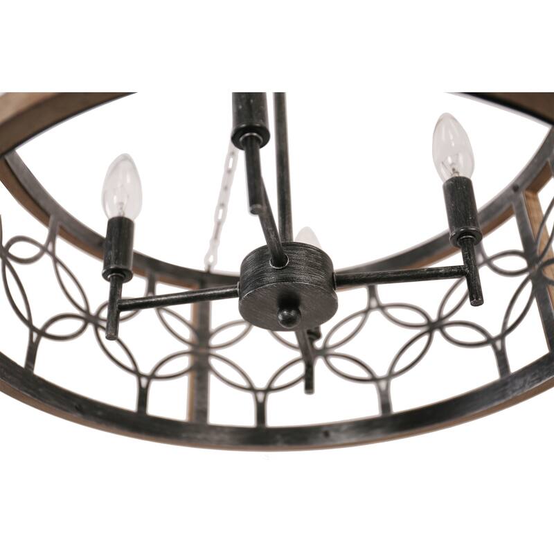 Bella Depot 4-Light Distressed Wood Wheel Chandelier Engraved Pattern Pendant Light with Adjustable Chain