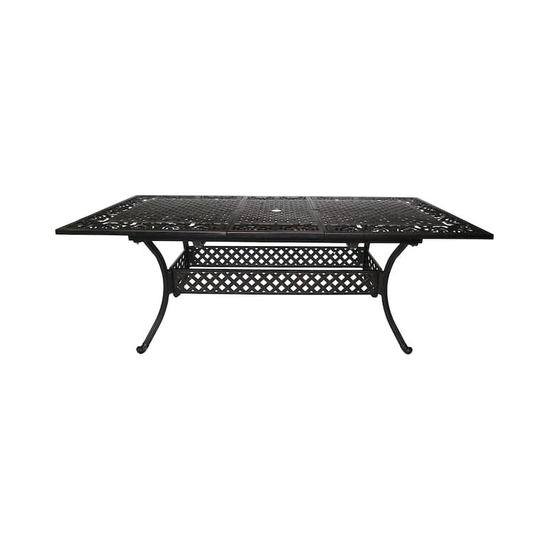 Roomfitters Expandable Cast Aluminum Dining Table, Classic Outdoor Design with Lattice Top and Shelf, Weather-Resistant, Bronze