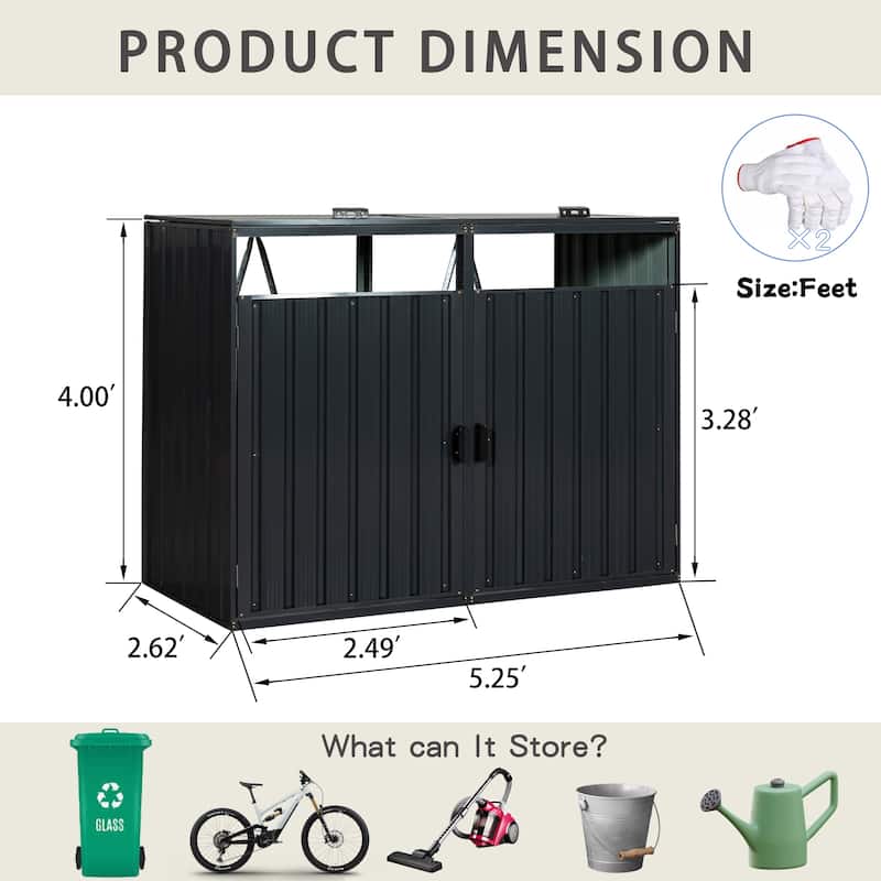 Garbage Bin Shed Stores 2 Trash Cans Metal Outdoor Bin Shed for Garbage Storage