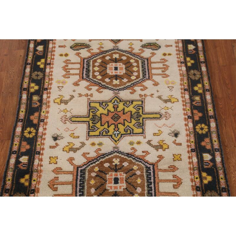 Traditional Beige Heriz Serapi Indian Rug Hand-Knotted Wool Carpet - 3'0" x 5'3"