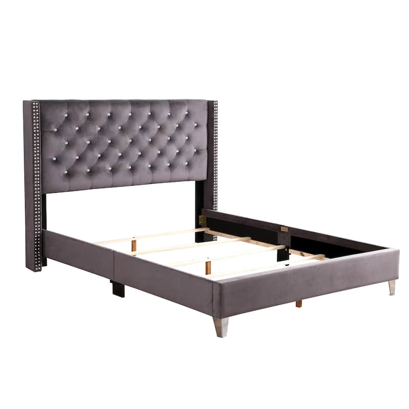 Jeweled Tufted Upholstered Panel Queen Bed - 86" - Gray