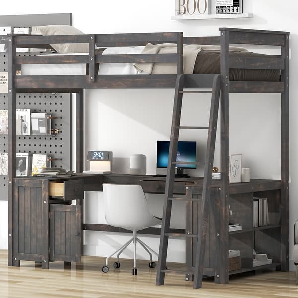 slide 2 of 36, Wood Loft Bed with U-haped Desk, Kids Lofa Bed Frame with Storage Shelves, Drawers, Ladder, Guardrails Antique Brown - Twin