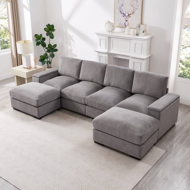 122" Corduroy Sectional Sofa with Two Movable Ottomans - Grey