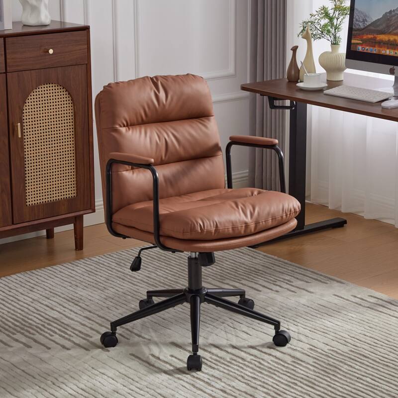 Modern Office Chair, Mid-Back Office Chair, PU Leather Computer Chair with 360° Swiveling Seat, for Living Room, Bedroom - Brown