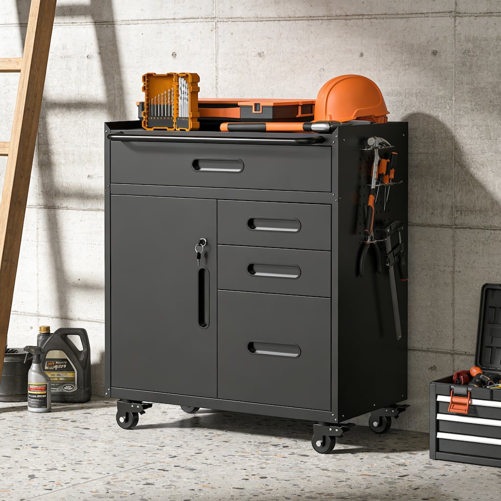 34.3" Mobile Tool Storage Cabinet - Garage Organizer with Lockable Compartment & 4 Drawers, Rolling Steel Chest