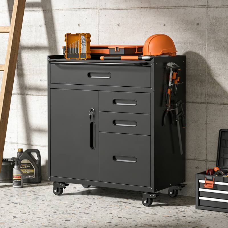34.3" Mobile Tool Storage Cabinet - Garage Organizer with Lockable Compartment & 4 Drawers, Rolling Steel Chest - Black