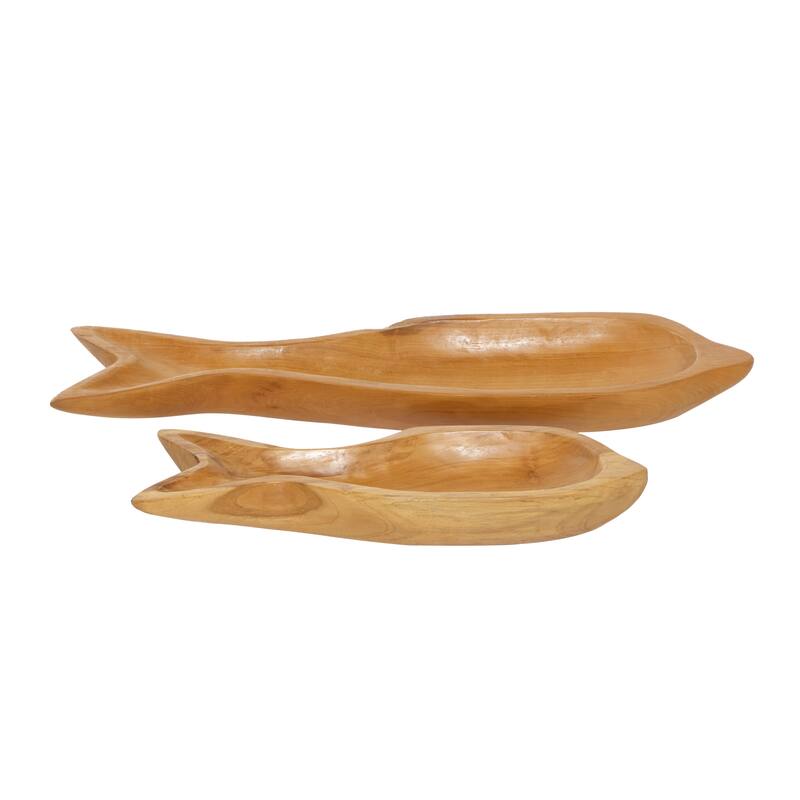 Brown Teak Wood Handmade Fish Living Room Decor Tray (Set of 2) - S/2 24", 16"W