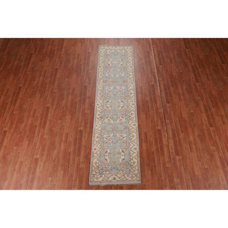 Light Blue Oushak Oriental Runner Rug Handmade Wool Carpet - 2'6" x 10'1"